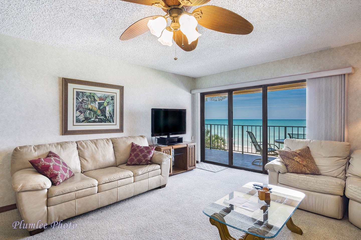 Living room has a ceiling fan, TV, and DVD.