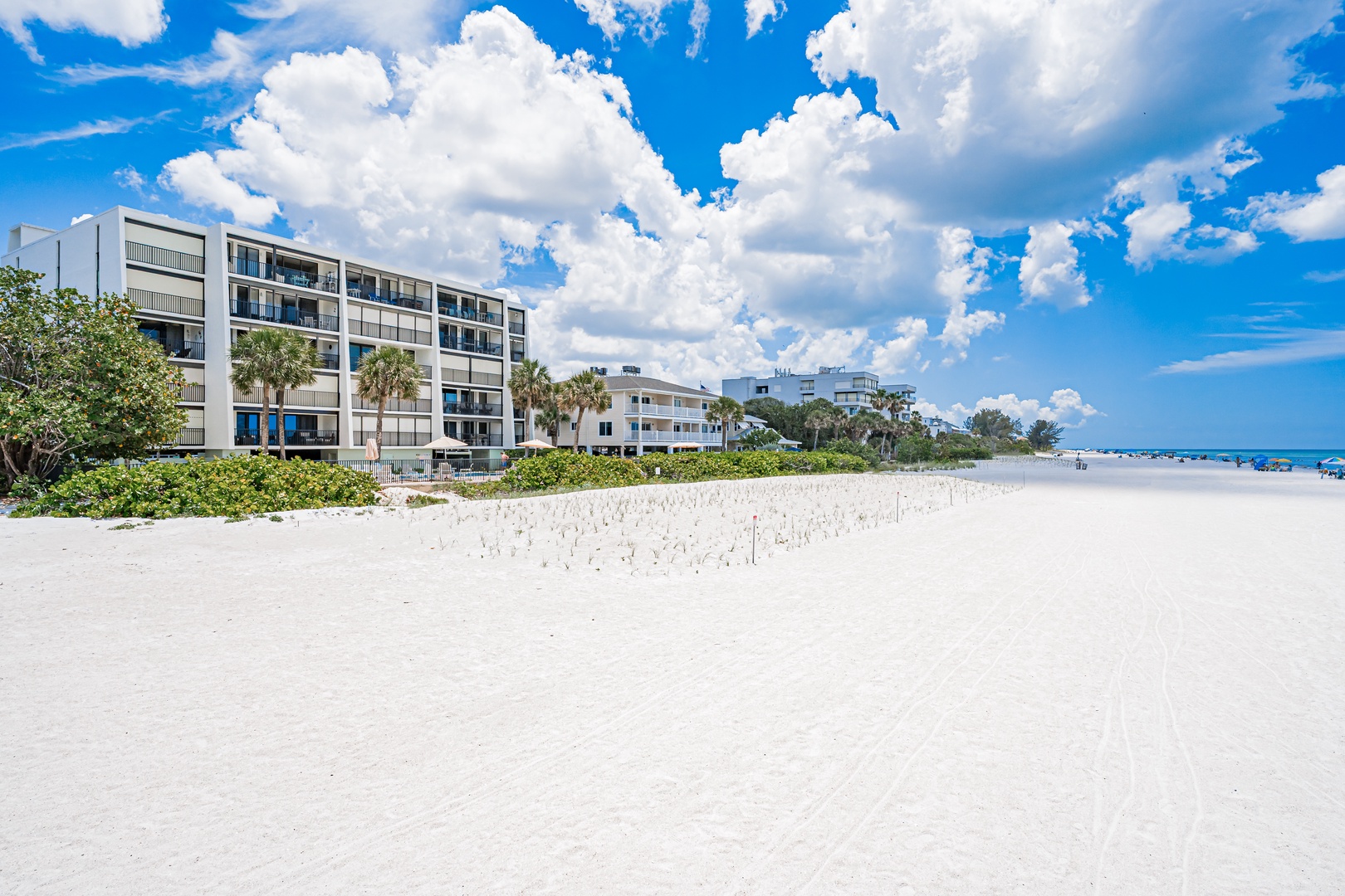 Beachfront property with pristine white sand and direct ocean access, surrounded by lush coastal landscaping beneath Florida's signature blue skies.