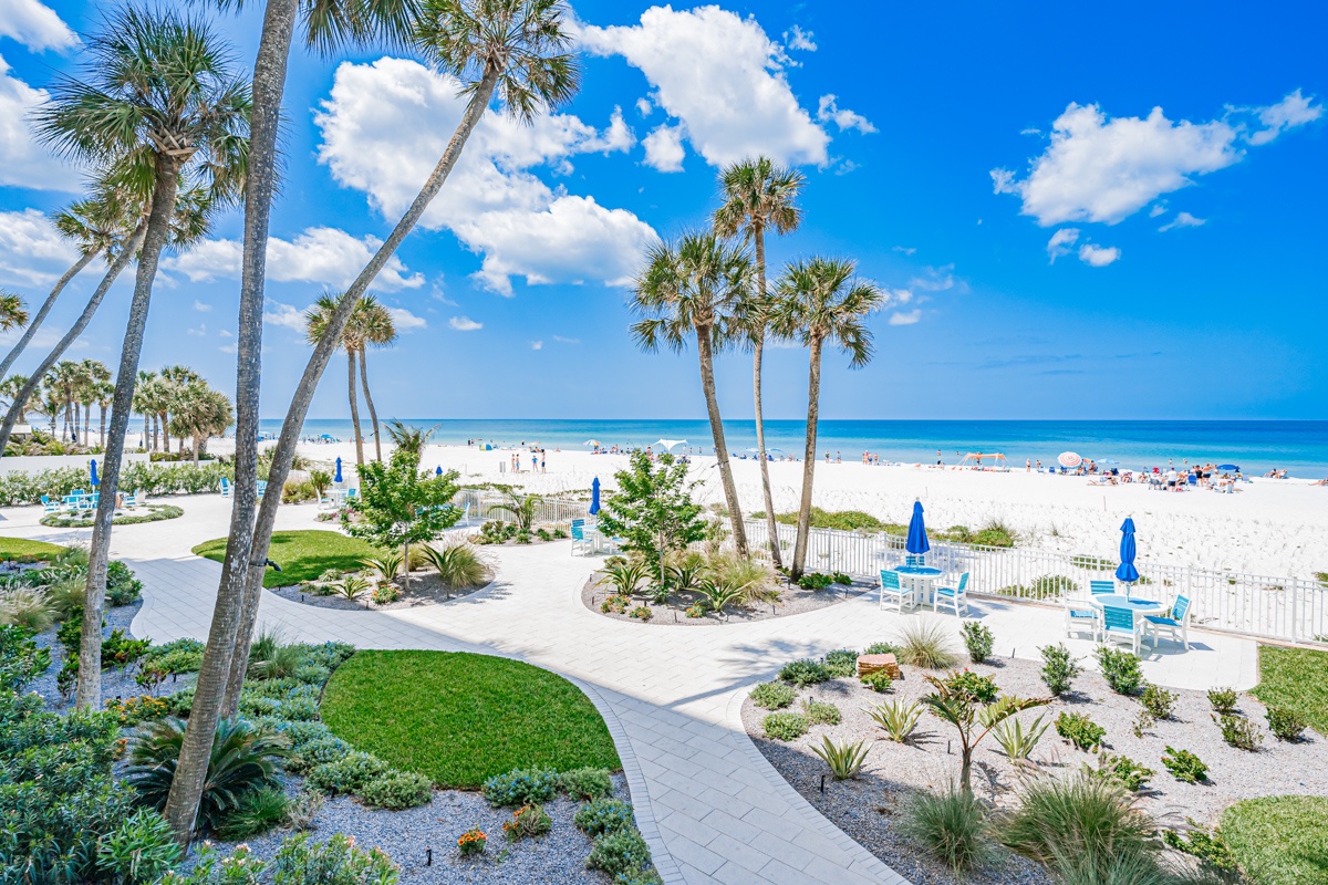 Tropical beachfront paradise with swaying palms, pristine white sand, and crystal-clear waters stretching to the horizon.