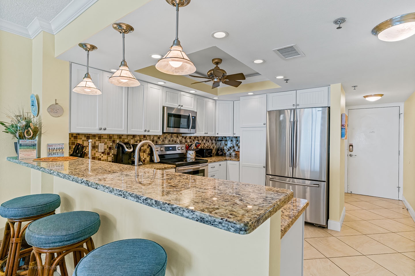 Solid counters and breakfast bar