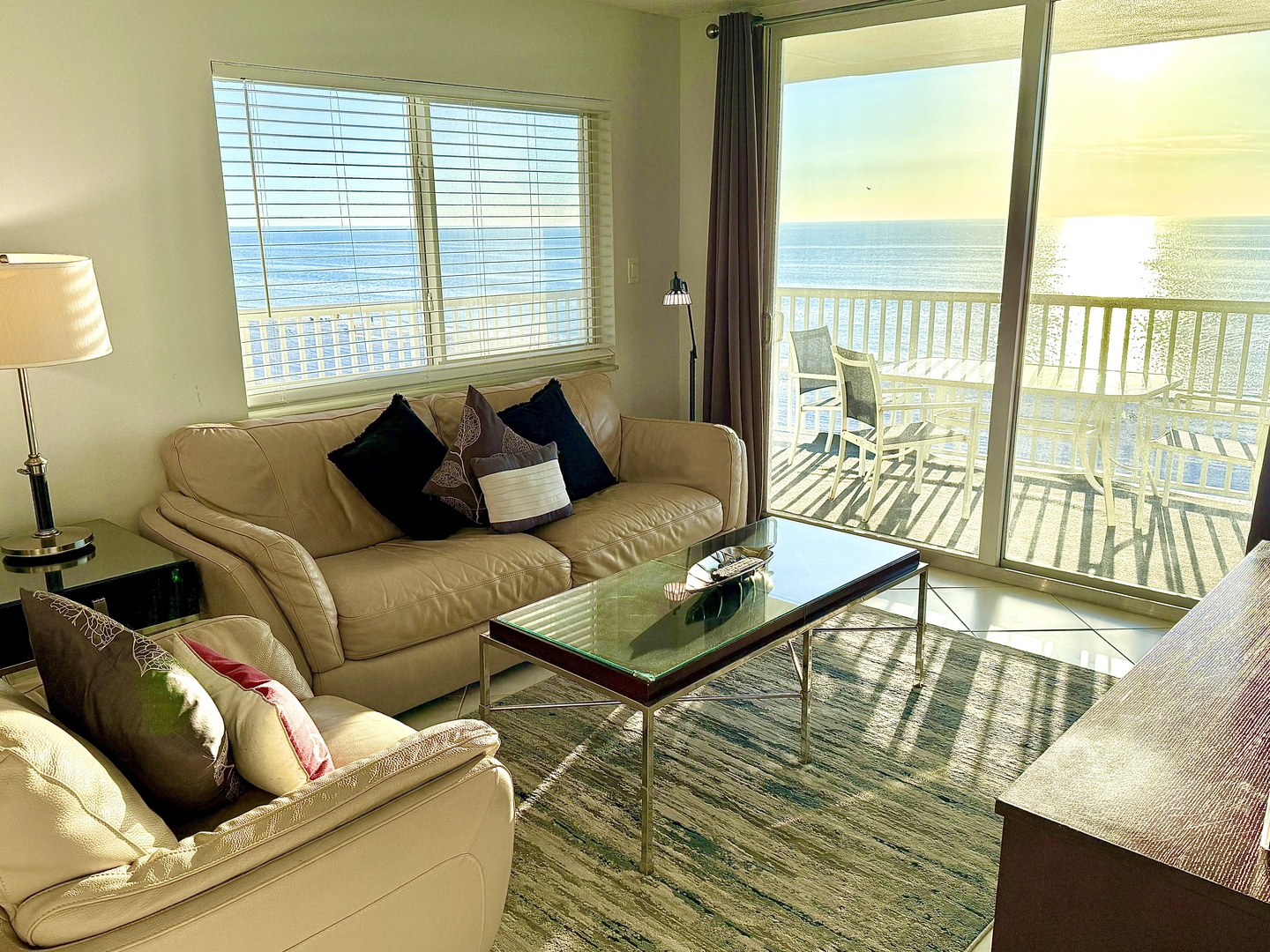 Sink into plush leather seating while endless ocean views fill every window, creating your perfect beachfront retreat.