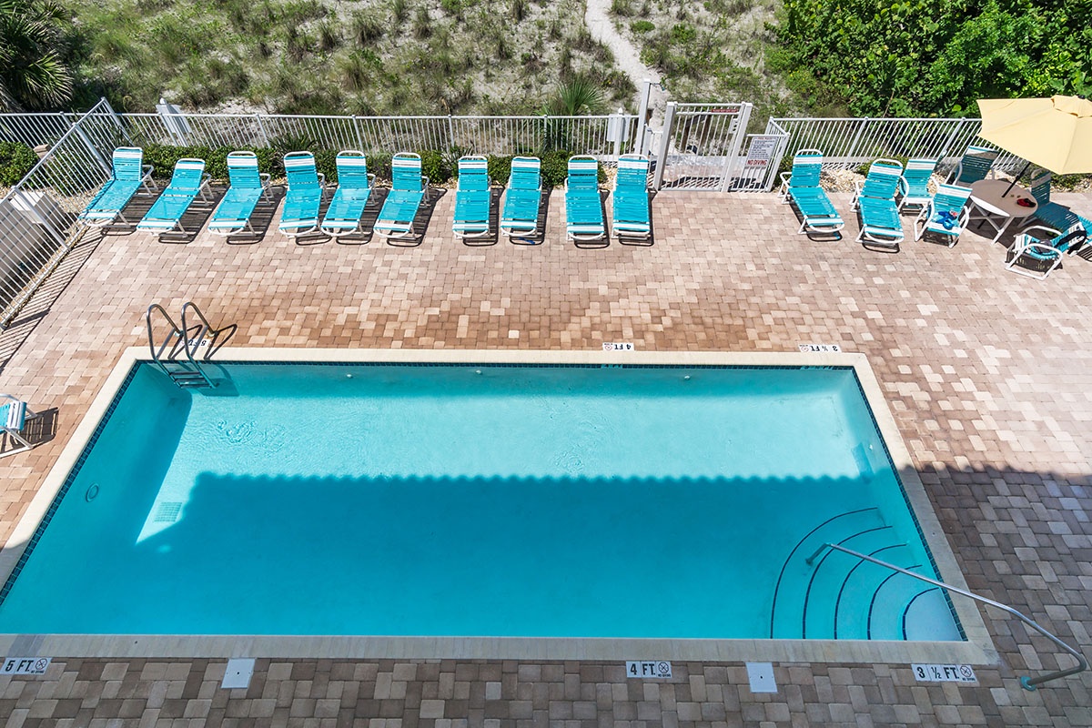 The balcony view of the beachside pool area.