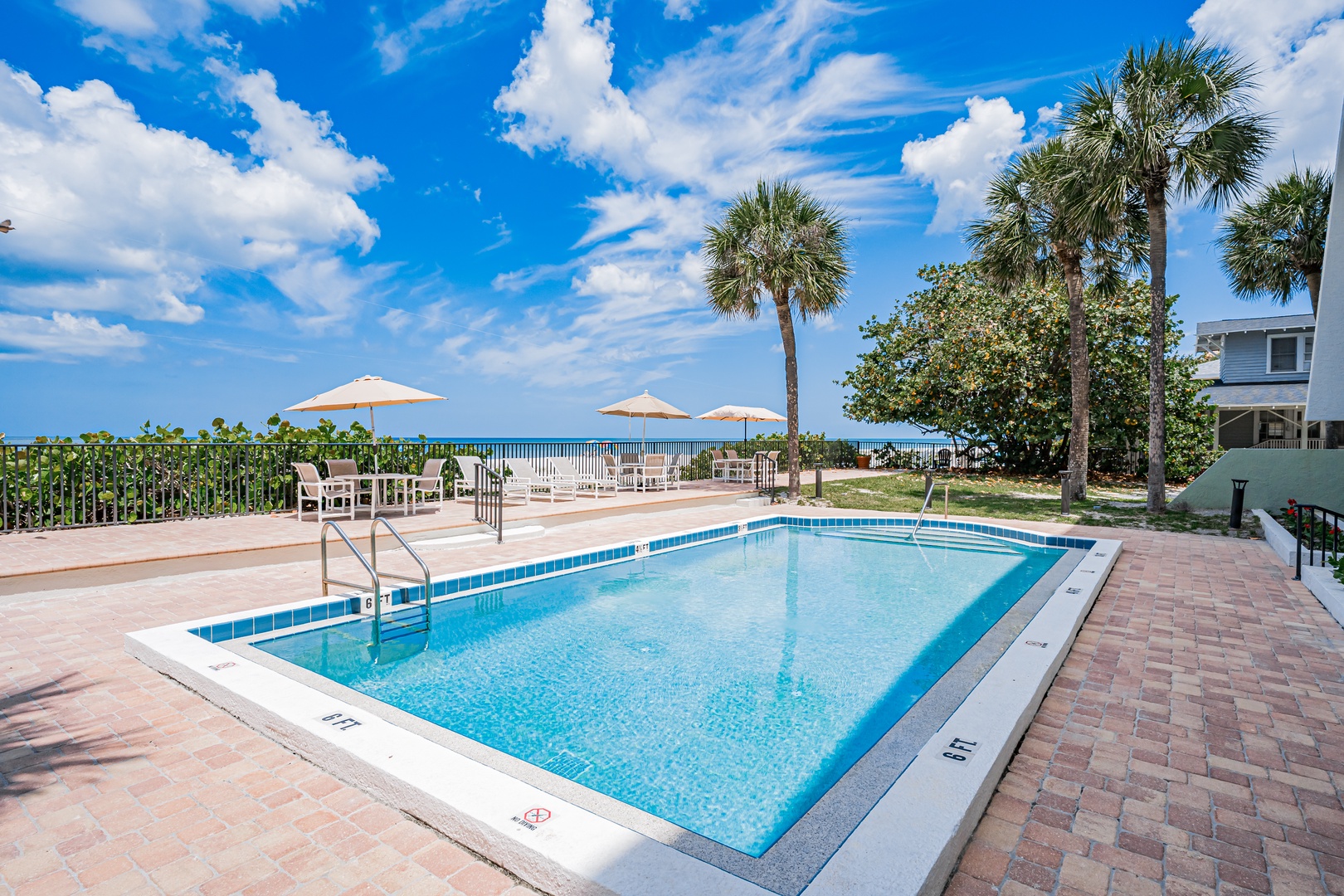 The sparkling pool overlooks the turquoise ocean under swaying palms, with shaded lounge seating and tropical landscaping creating a serene beachside retreat.