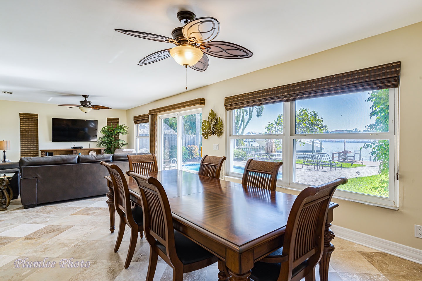 Large family dining table with water view