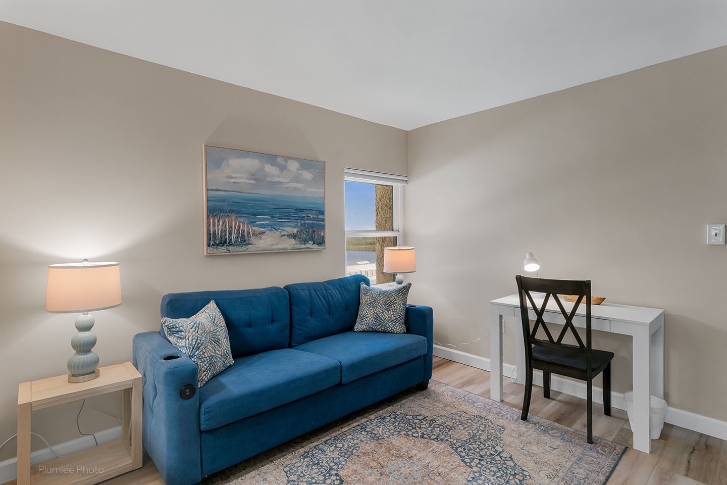 Just inside front door, workspace and sleeper sofa