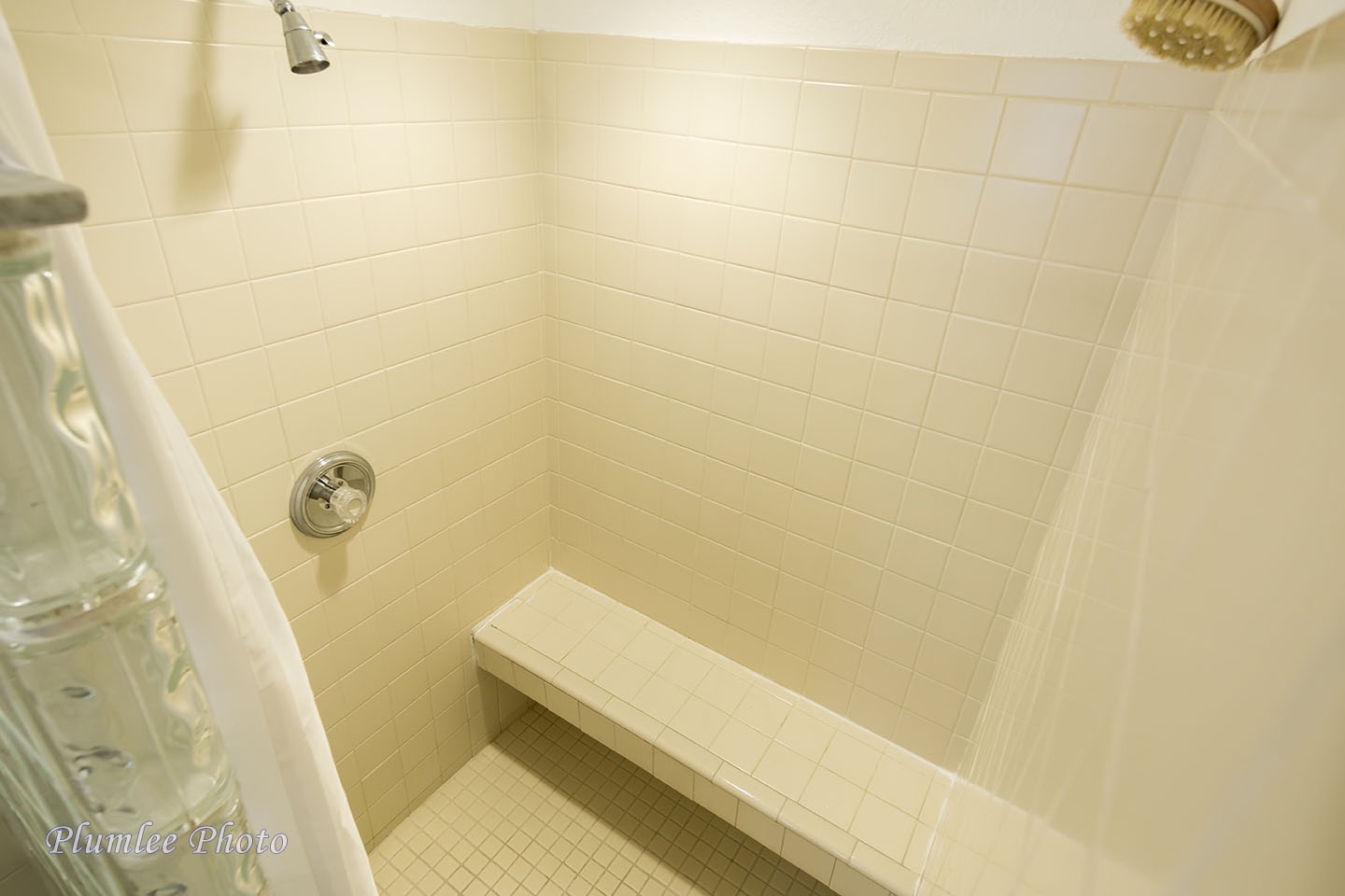 The step in shower has a seat.