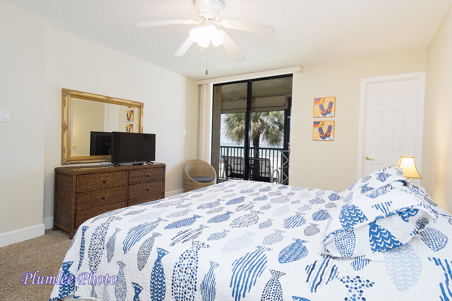 Master bedroom has TV and ceiling fan