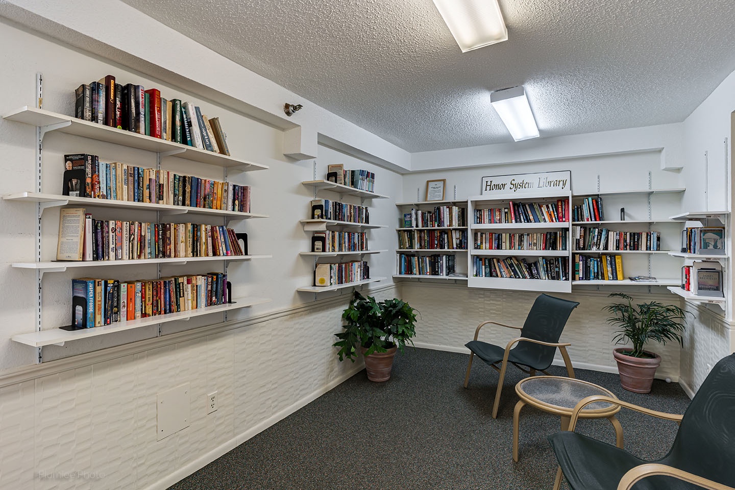 Community room lending library and reading area