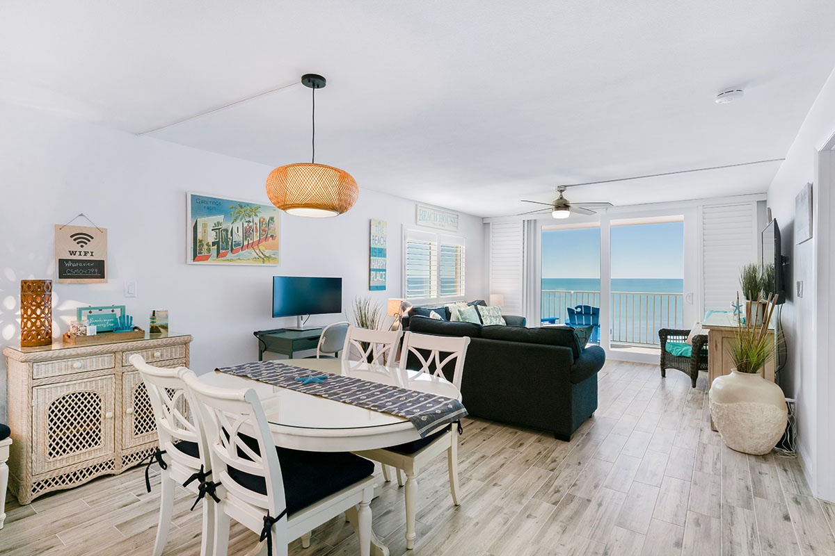 Relax in your bright, coastal living space with stunning ocean views and beach-inspired decor that makes every moment feel like vacation.