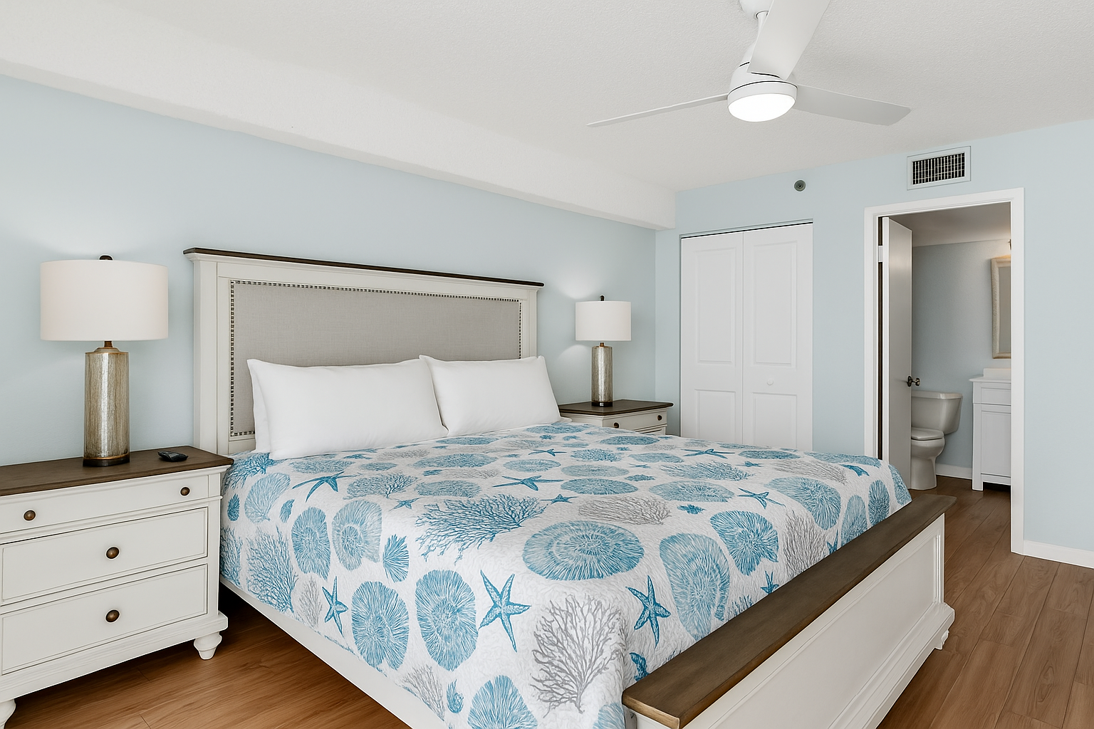 Master bedroom, ceiling fan, closet and dresser