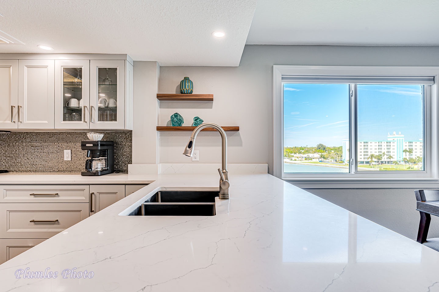 A wide kitchen counter around the sink.