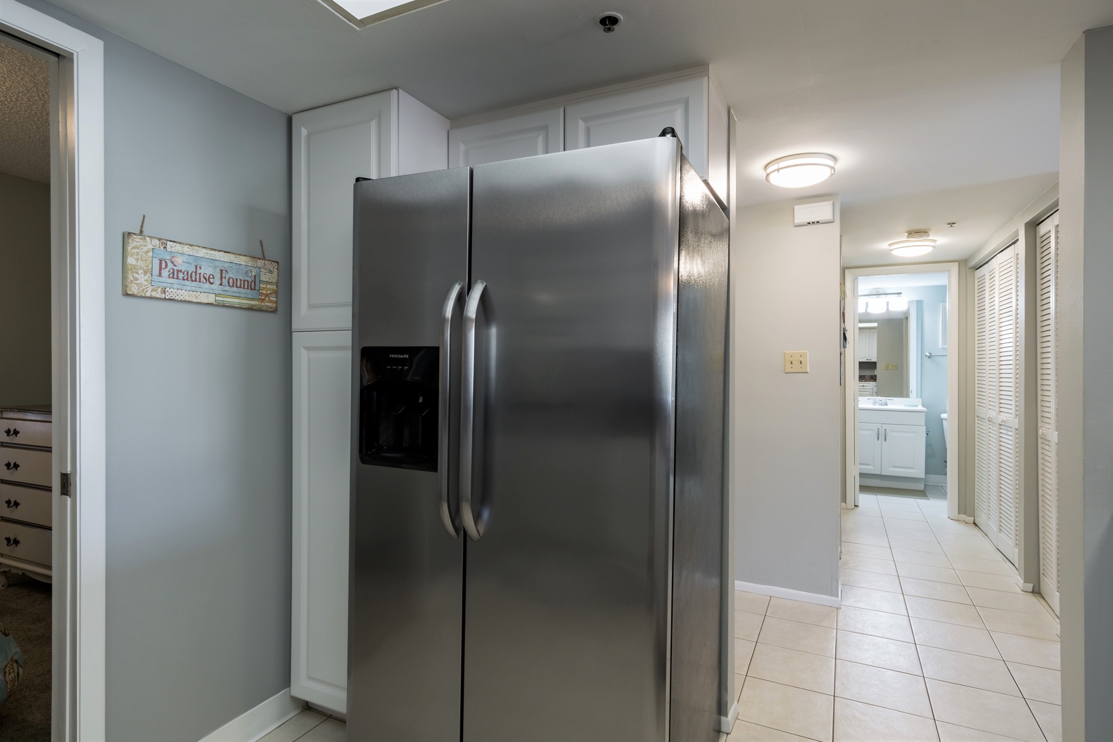 Stainless steel refrigerator in the kitchen.