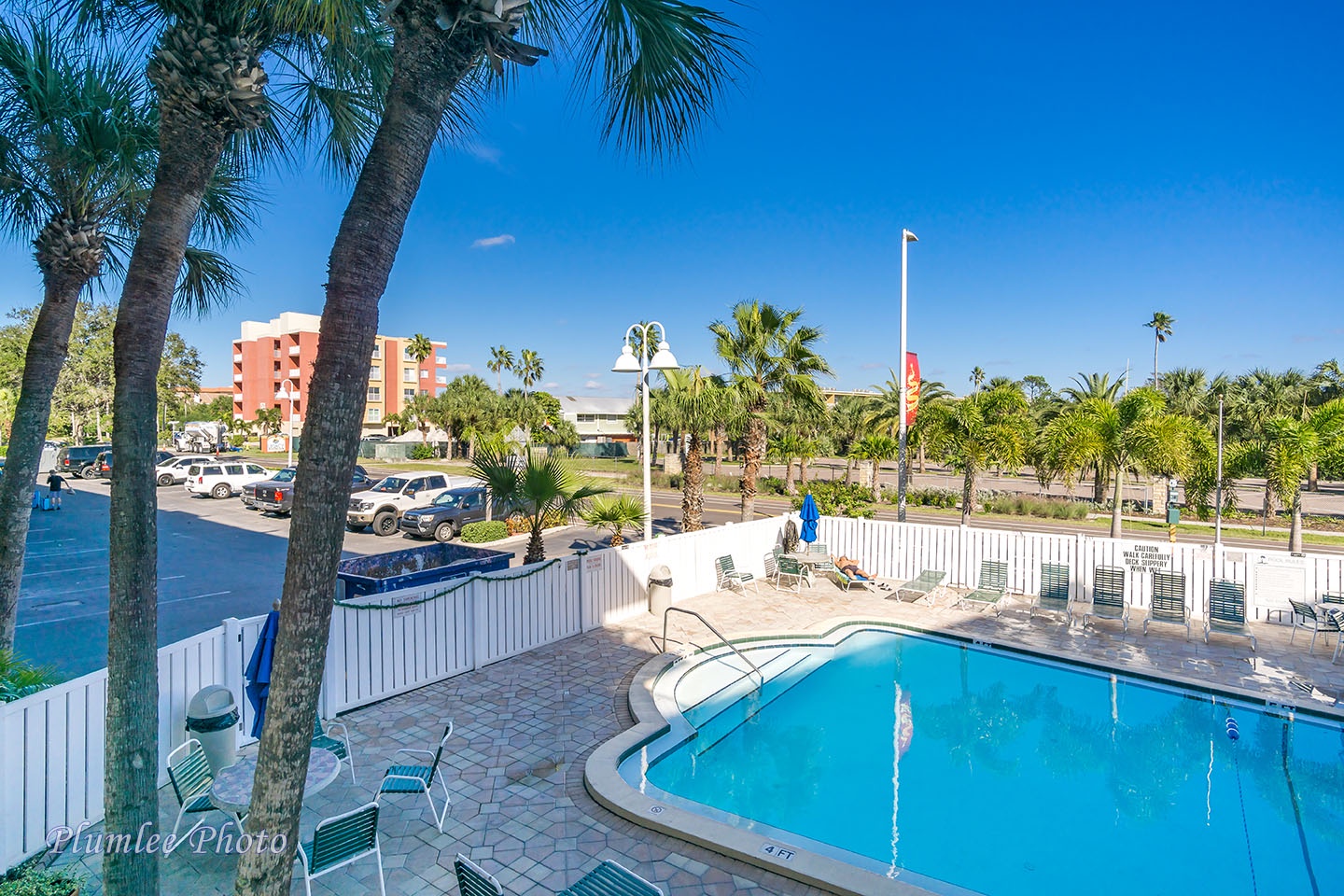 A view of the pool deck and Gulf Blvd.