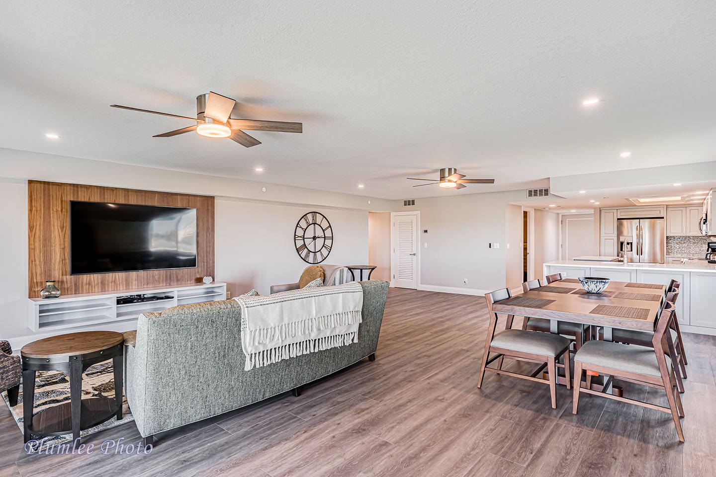 The living room and dining area.