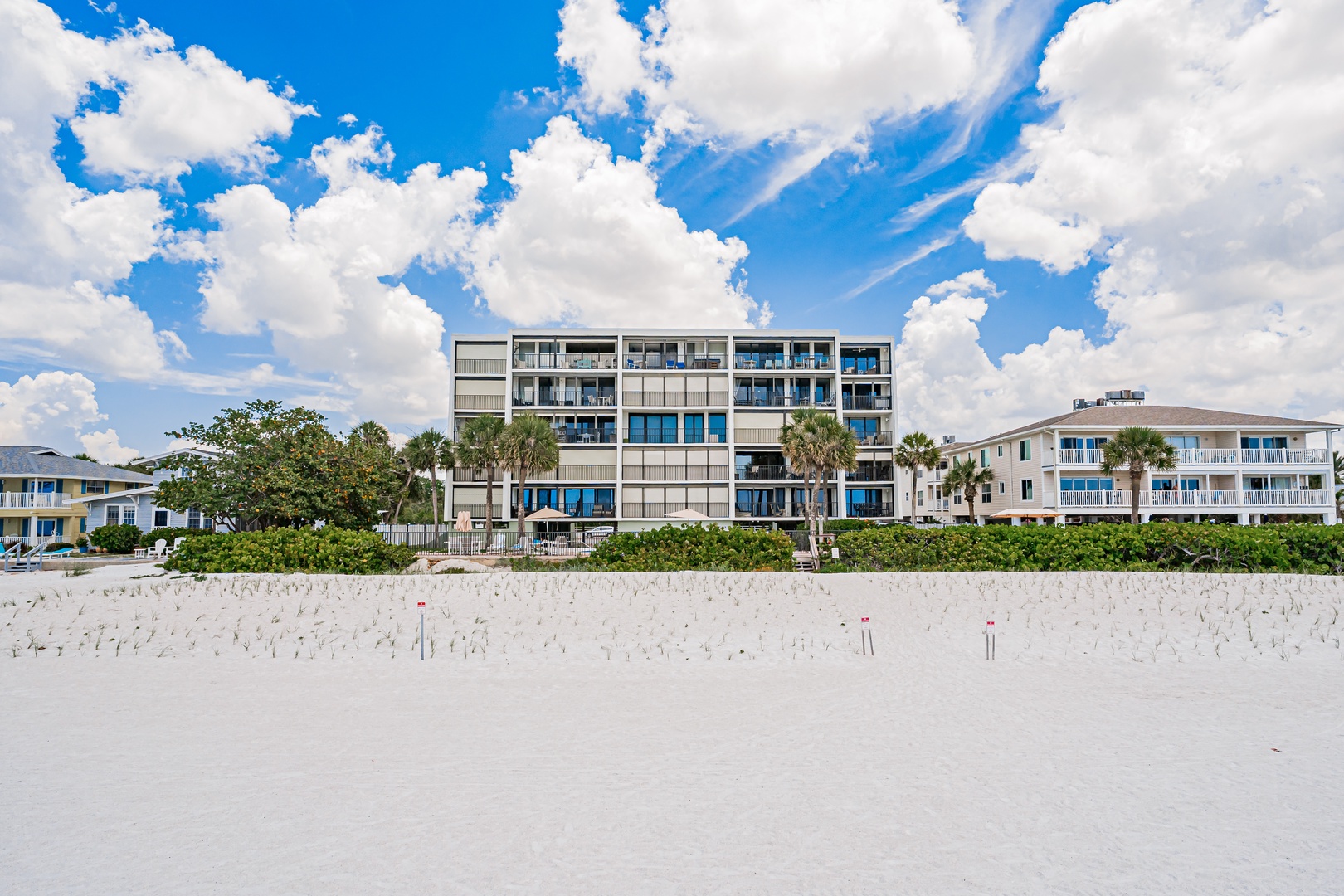 Beachfront property situated directly on wide, sandy shores, framed by palm trees and coastal vegetation under a bright Florida sky.