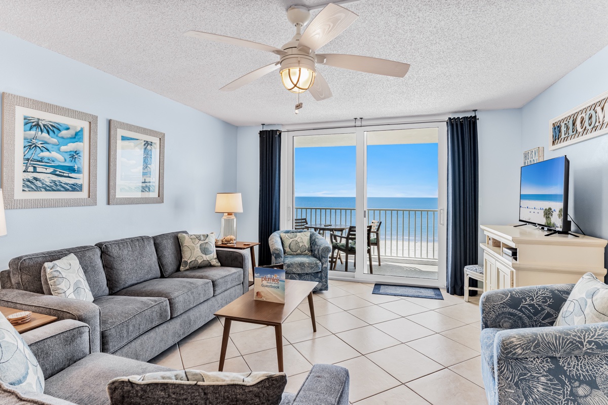 Imagine unwinding on the sofa after a beach day, ocean breezes drifting through your private balcony. The coastal décor and serene colors create your perfect seaside escape.