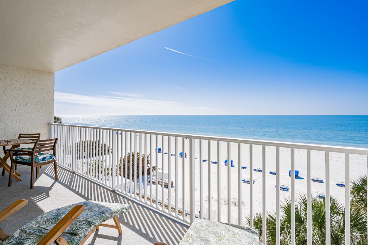 Stunning beachfront views greet you from your private balcony, where the Gulf's turquoise waters stretch endlessly beneath brilliant blue skies. Relax on your lounge chairs and let the salty breeze remind you that paradise is just outside your door.
