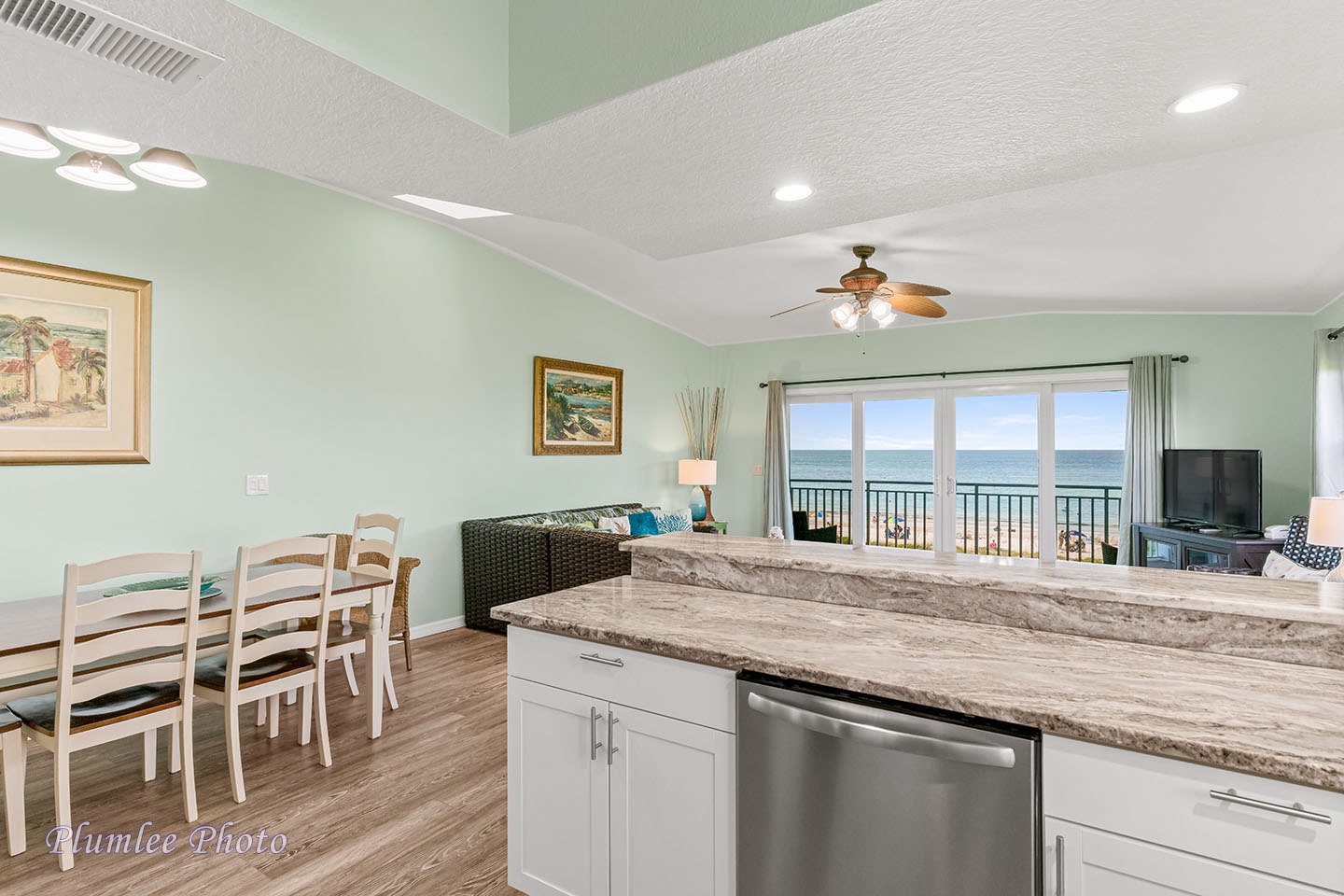 Enjoy the view of beach while preparing meals.