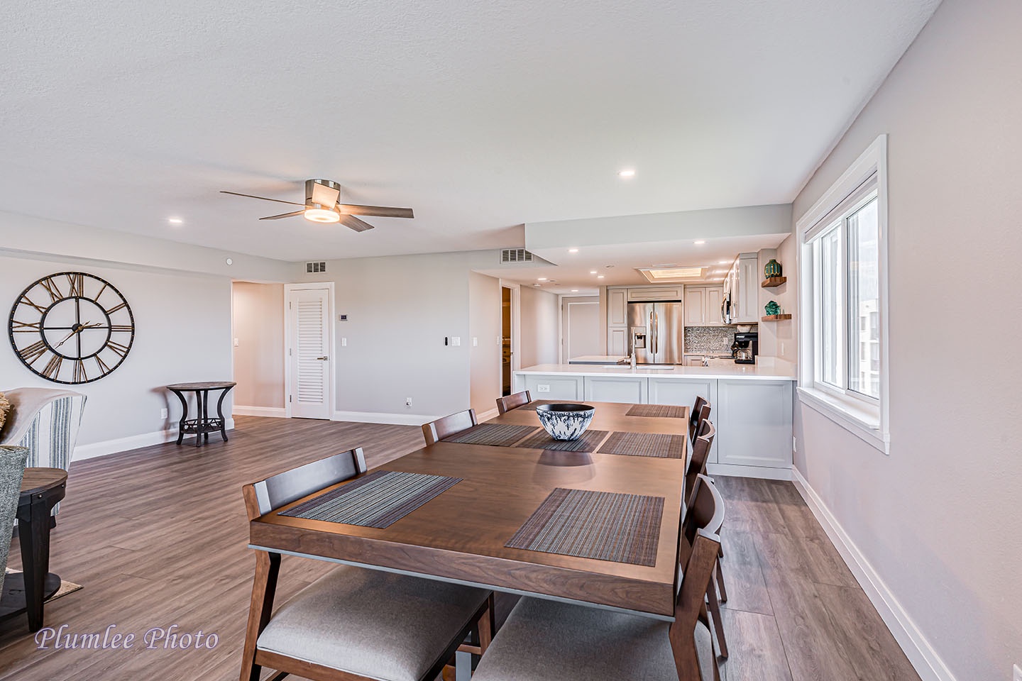 The kitchen is open to dining and living area.