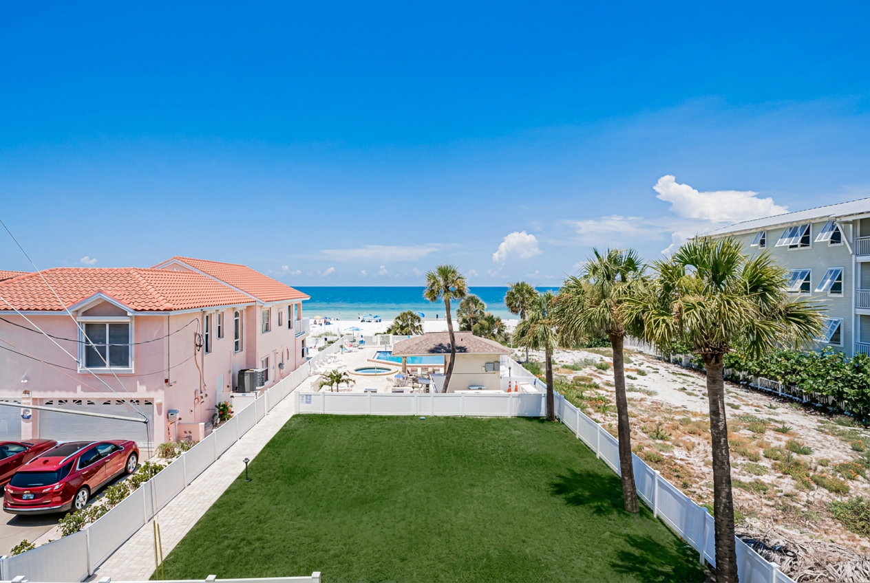 This beachfront property features a private pool area and lush palm trees, with direct access to pristine white sand beaches and turquoise waters just steps away