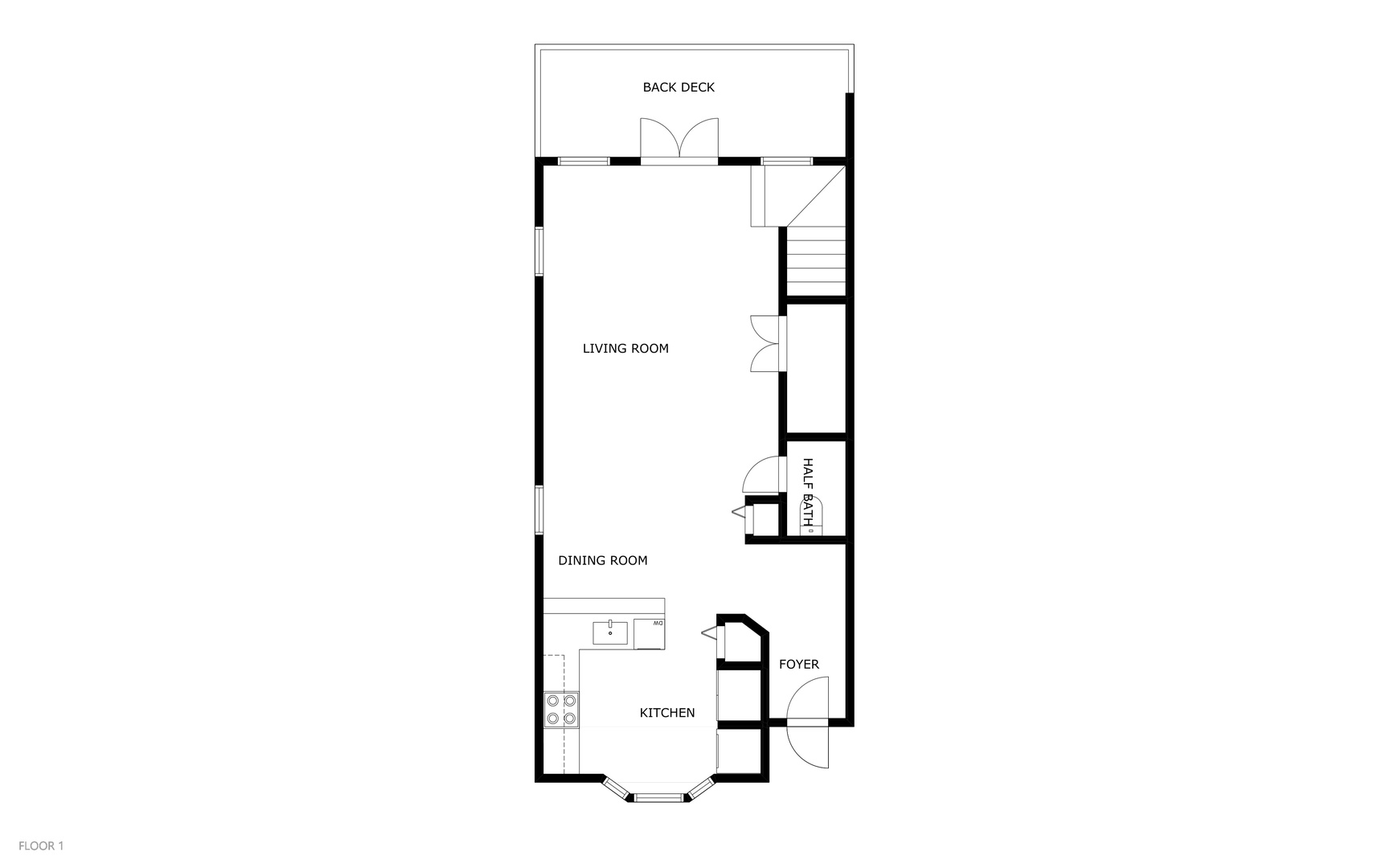 Floor plan showcasing living room, dining area, kitchen, foyer, and back deck—ideal for envisioning your layout and space.