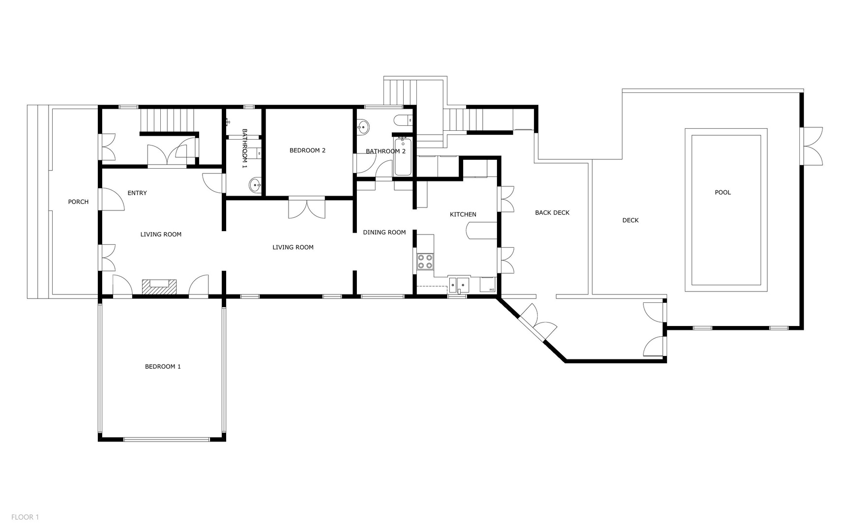 Floor plan illustrating a two-bedroom layout with dual living rooms, kitchen, two bathrooms, deck areas, and private pool—ideal for understanding the property's thoughtful layout and flow.