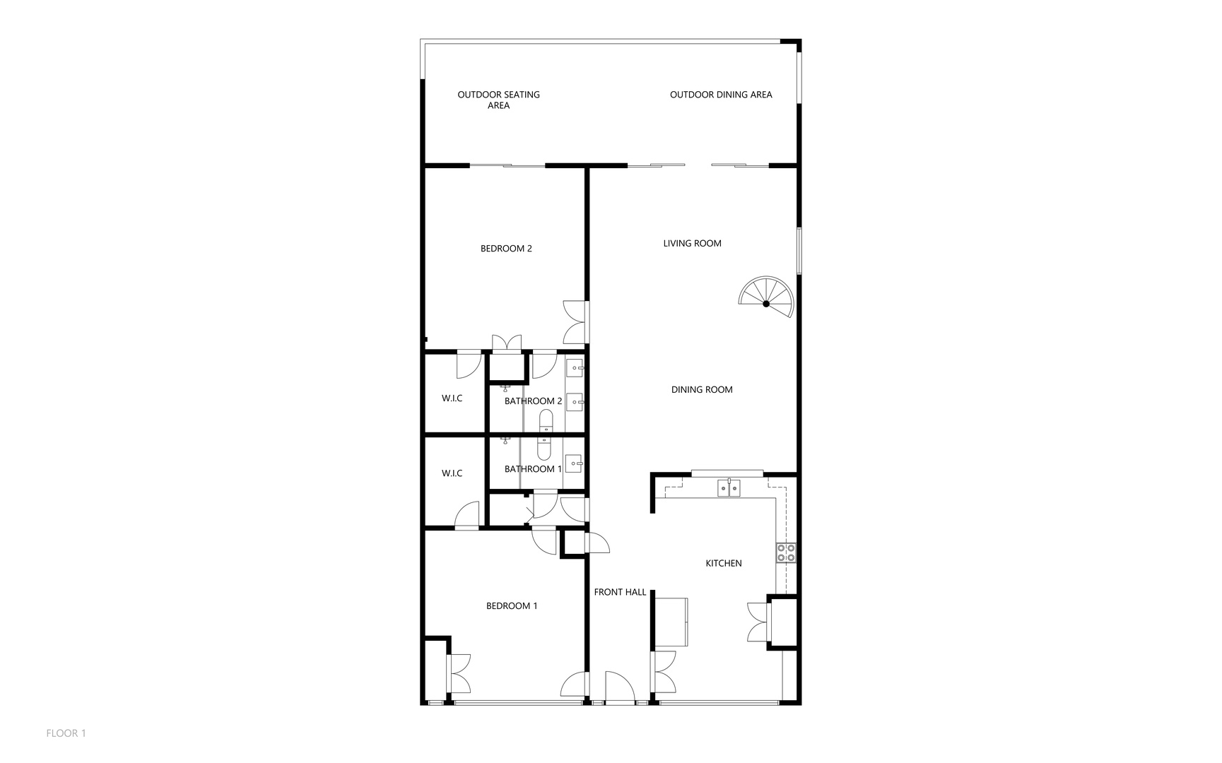 A detailed layout showing two bedrooms, dual bathrooms, and an open-plan living, dining, and kitchen space flowing to your outdoor seating and dining areas.