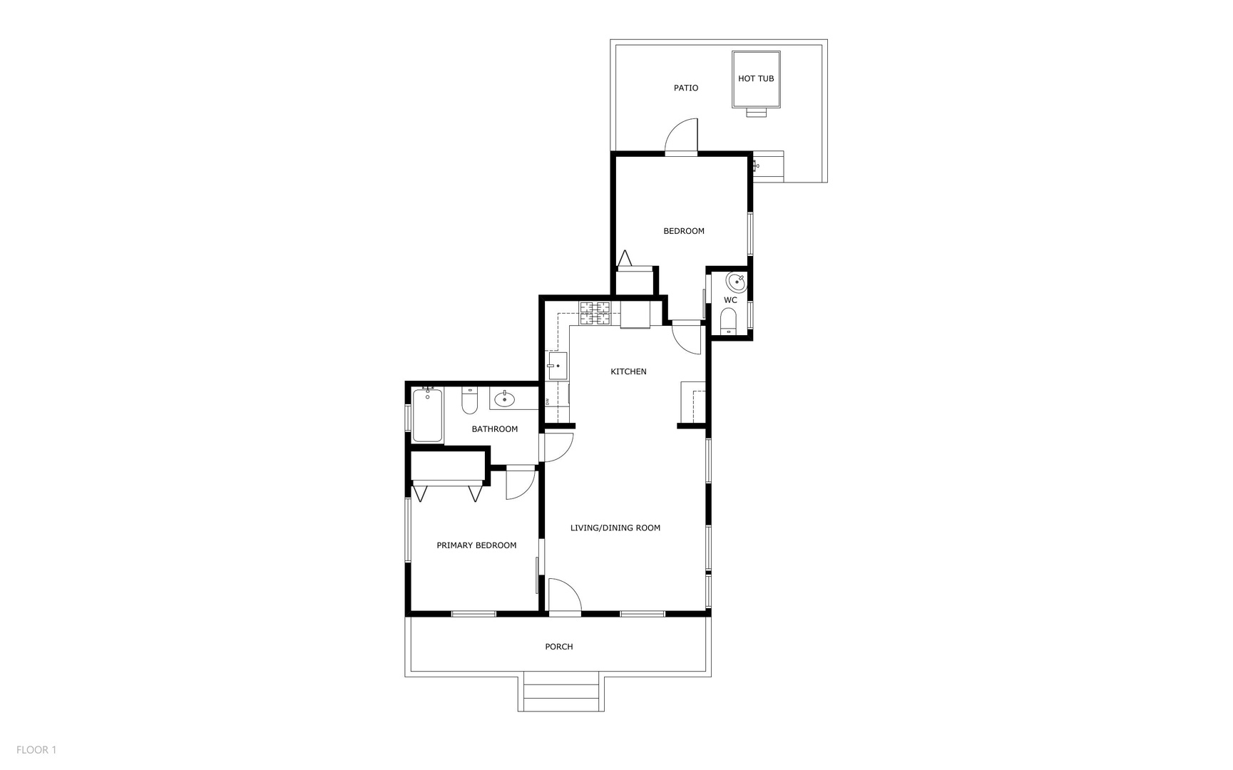 This floor plan shows a two-bedroom layout with a patio, hot tub, and welcoming front porch—perfect for your getaway.