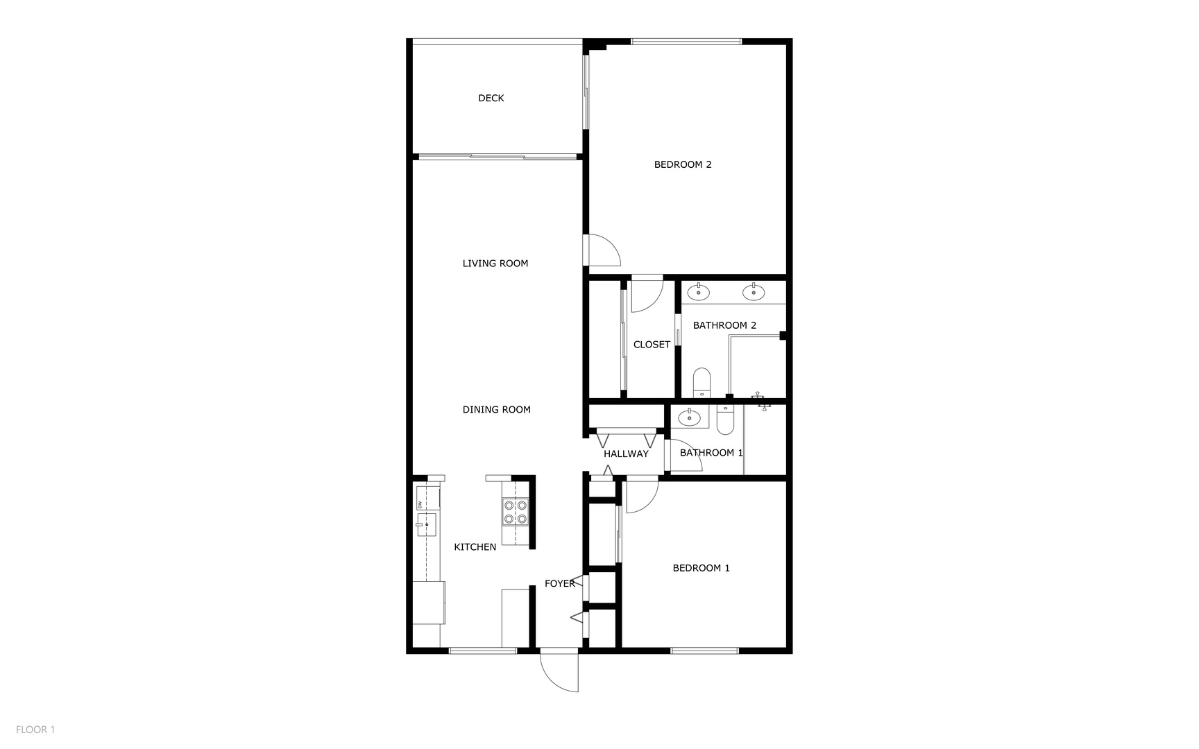 This floor plan shows a comfortable layout with two bedrooms, two bathrooms, a full kitchen, and spacious living and dining areas, plus a private deck for your morning coffee.