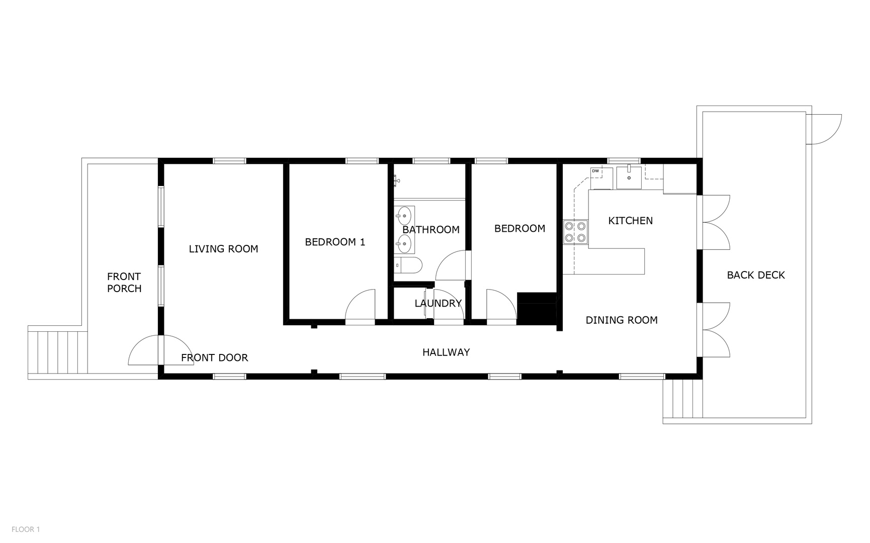 This floor plan shows a two-bedroom layout with a spacious living room, full kitchen, dining area, bathroom with laundry, front porch, and back deck—all the space you need for a comfortable stay.