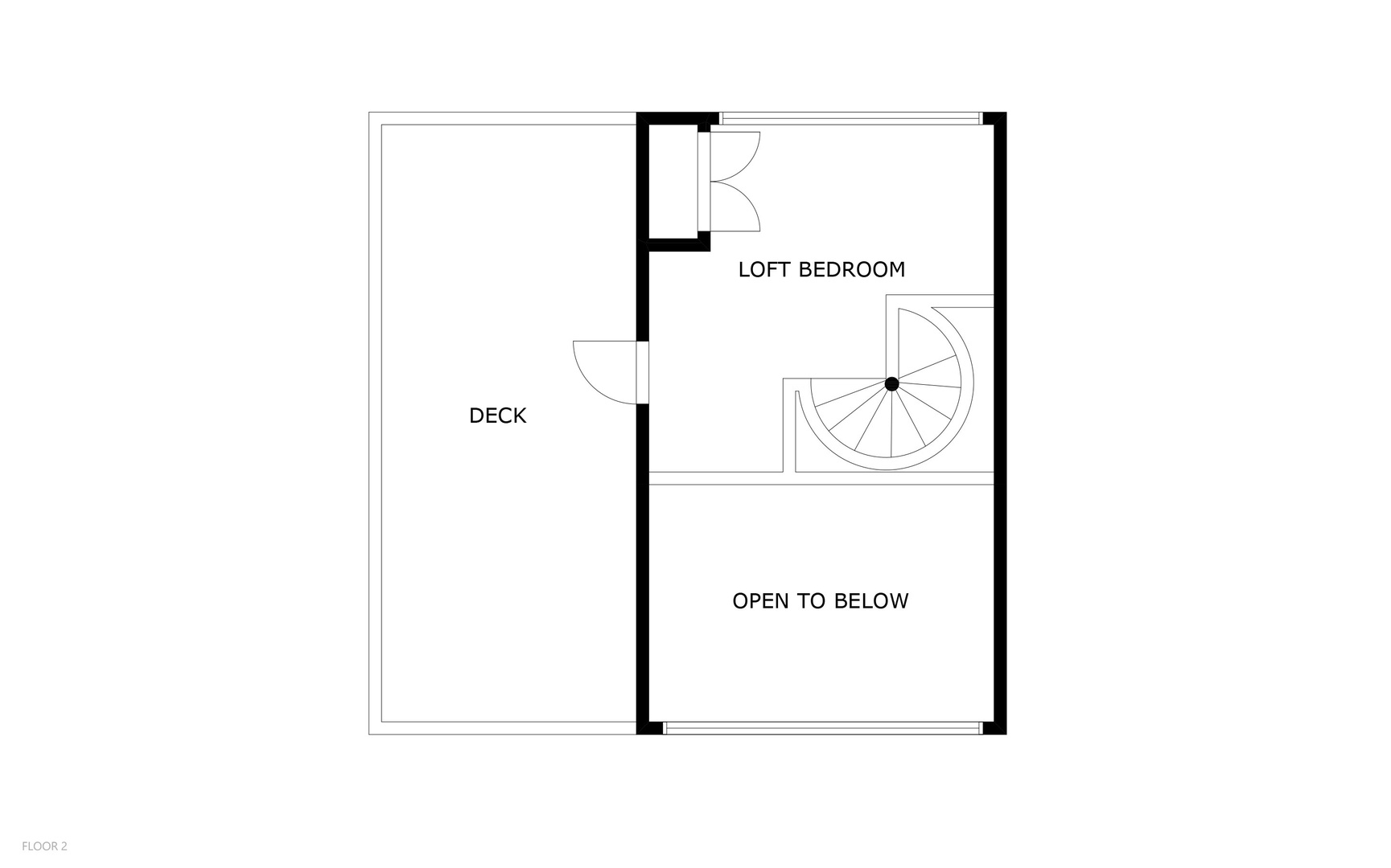This floor plan shows the loft level with a cozy bedroom and deck access, plus an open area connecting to the floor below—clever design for maximizing space.