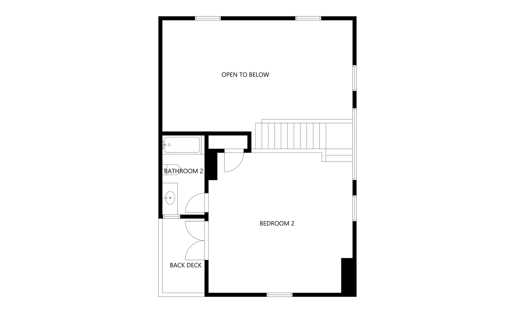 This floor plan shows an open-concept second story with a bedroom, bathroom, and private deck—ideal for giving you flexibility and extra space during your stay.