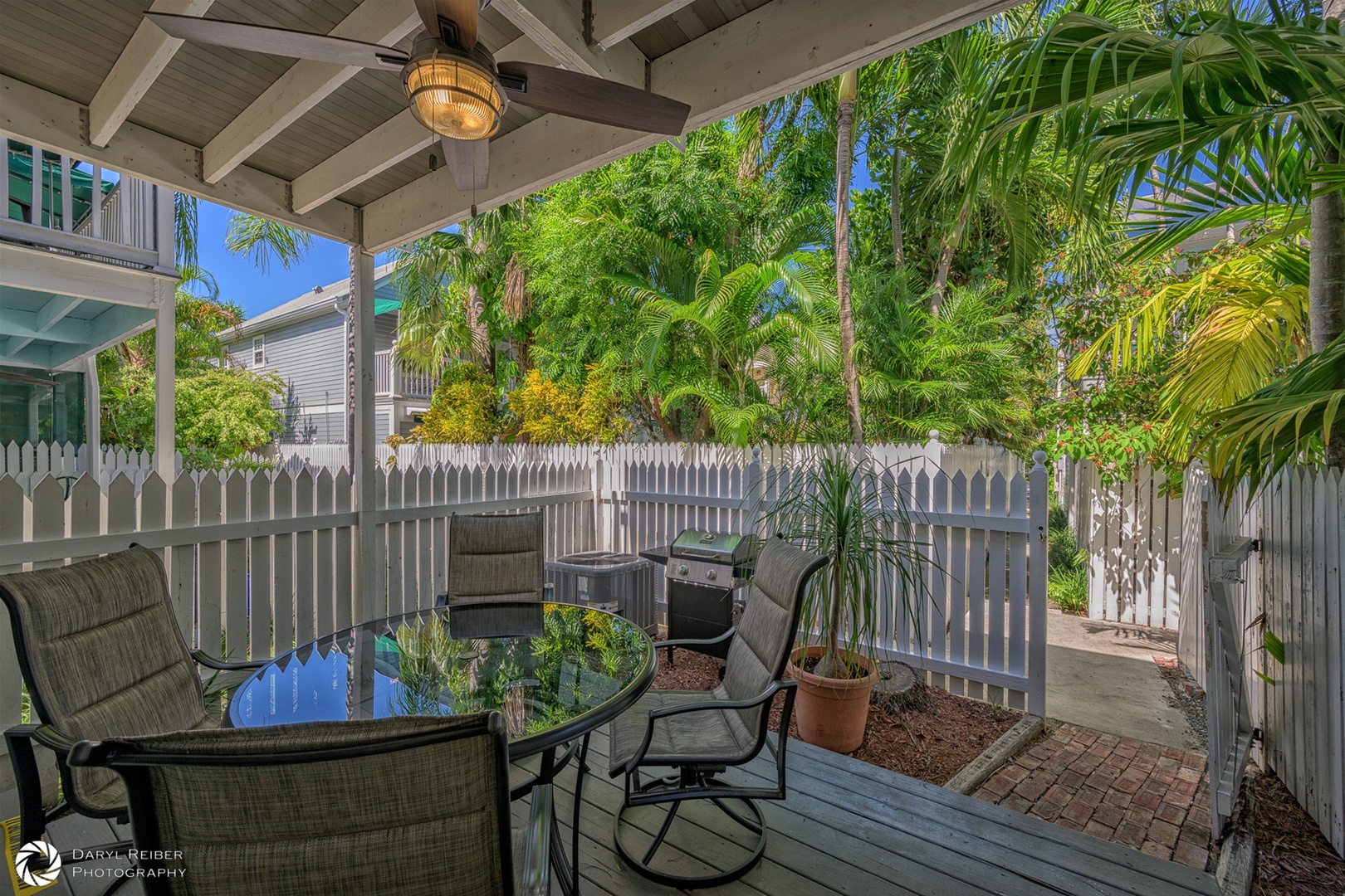 Private covered deck with seating area