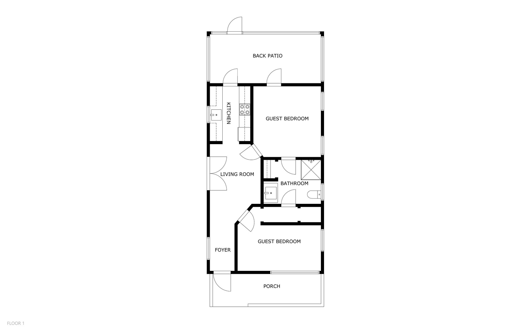 Floor plan showing two guest bedrooms, living room, full bathroom, kitchen, and two outdoor spaces—a front porch and back patio for your enjoyment.