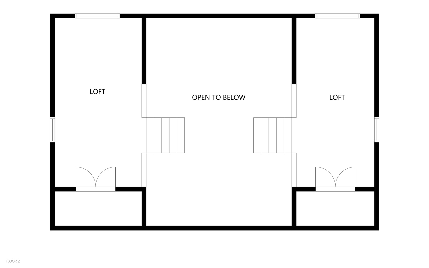 This floor plan shows two loft spaces connected by an open area with staircase access—a layout that balances privacy with airy openness for your group.