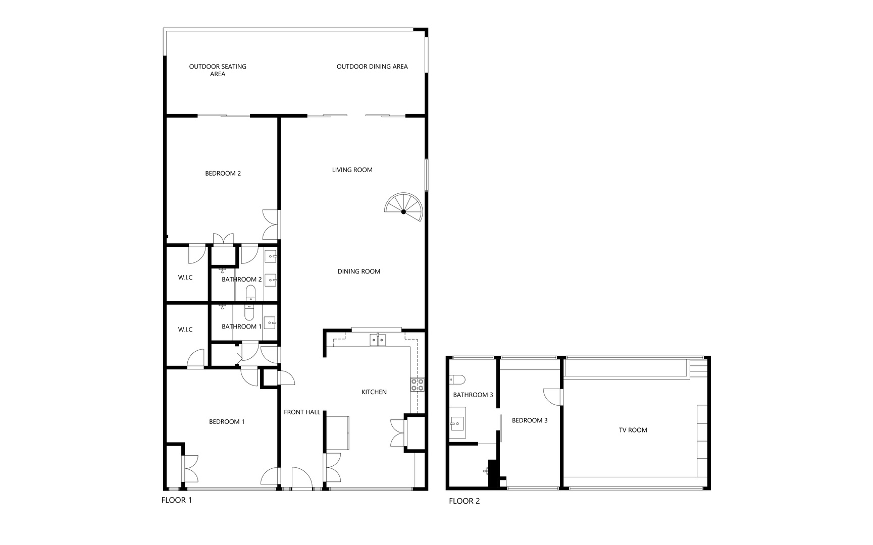 Two-level floor plan with 3 bedrooms, 2.5 baths, open kitchen, dining and living areas, plus outdoor spaces and upstairs TV room.