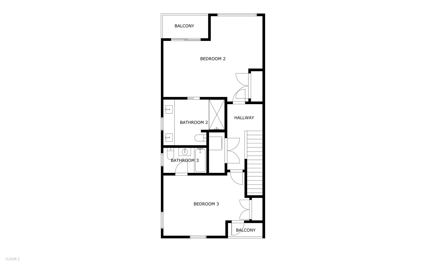 Floor 2 layout featuring two bedrooms with private balconies, two bathrooms, and a central hallway connecting your spaces.