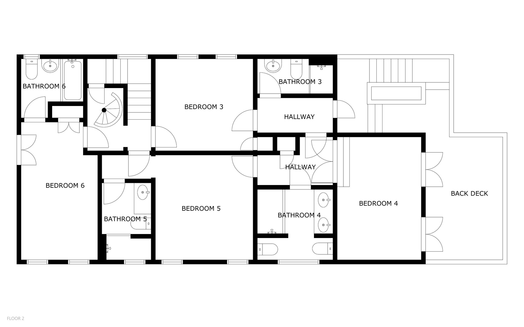 Floor plan shows six bedrooms, six bathrooms, hallways, and a back deck—perfect for visualizing your group's layout and space.