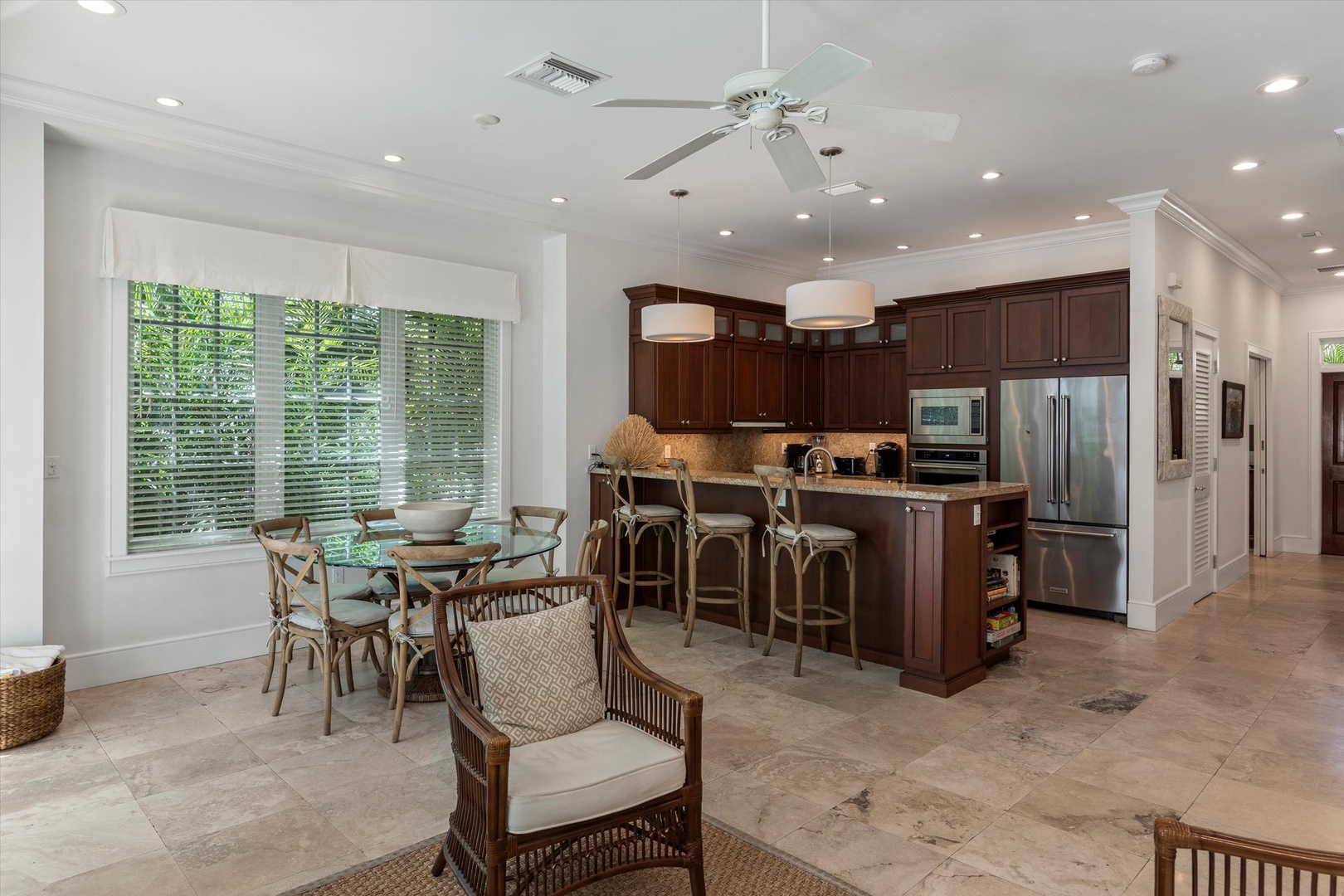 Full view of kitchen, dining area and breakfast bar