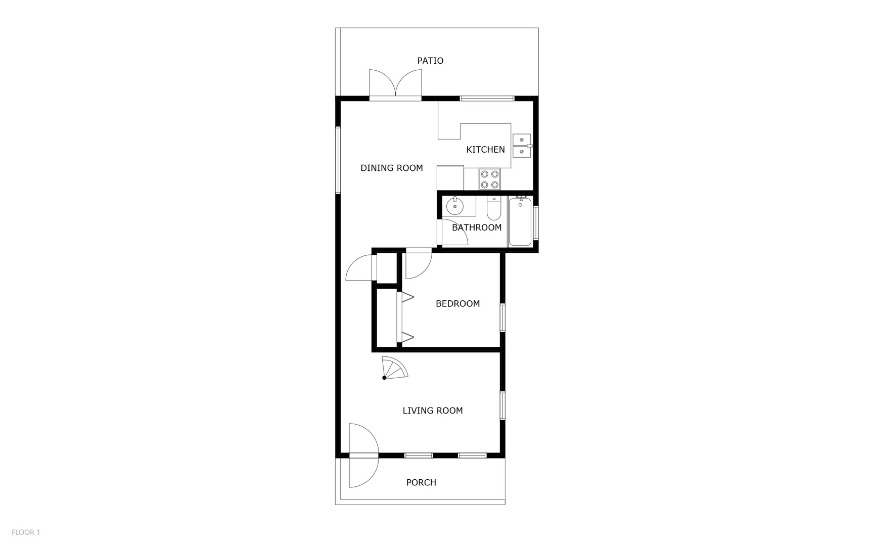 This clear floor plan shows your cozy rental layout—complete with a bedroom, living room, full kitchen and dining area, bathroom, private patio, and front porch.
