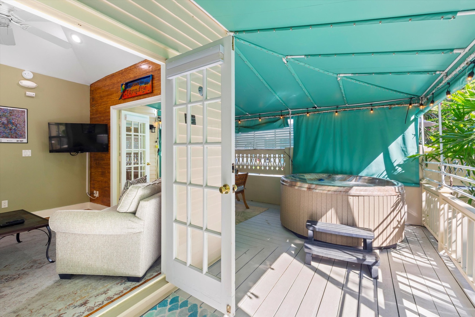 French doors to Poolside Hide-Away / Wrap around porch with private hot tub