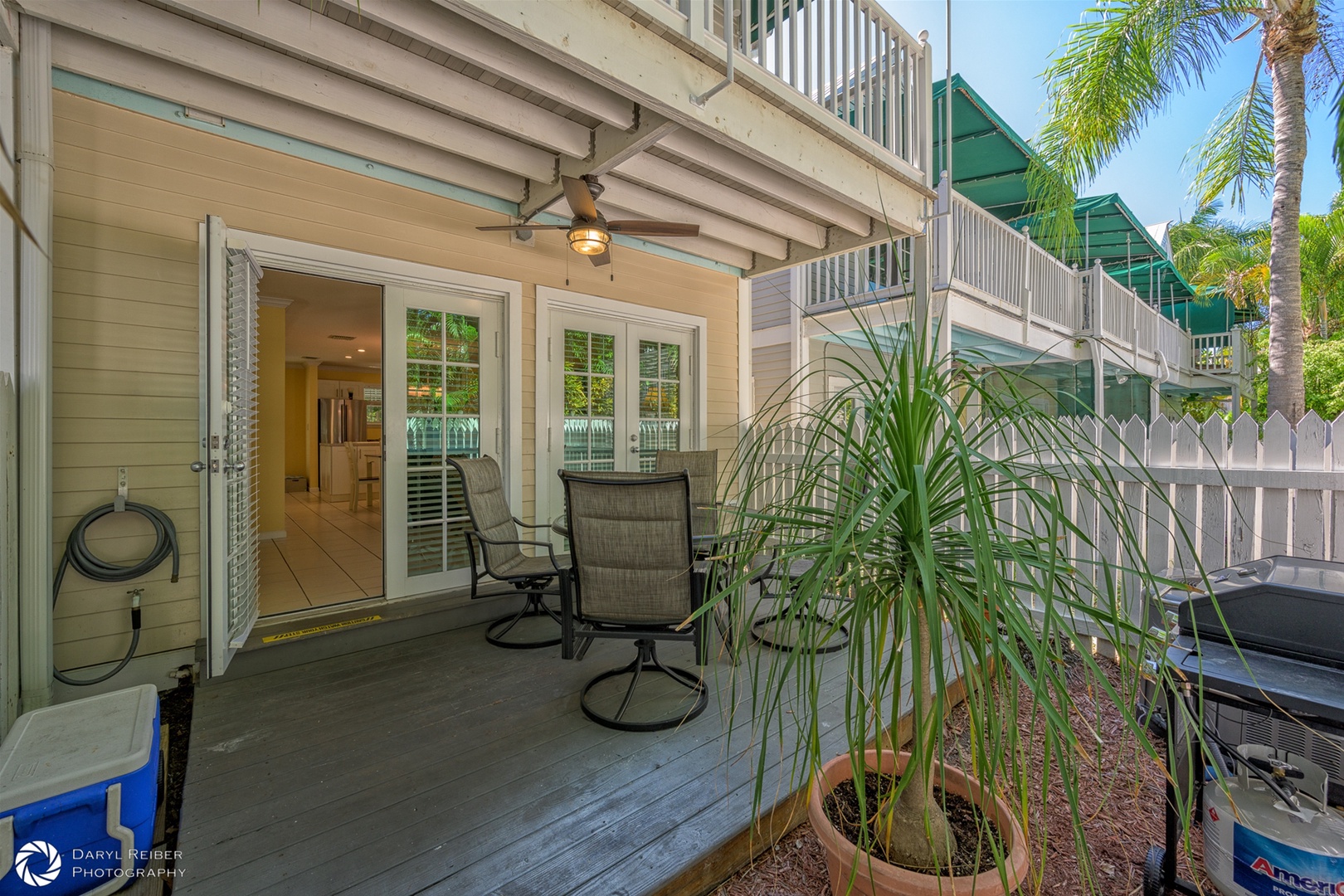 Private covered deck with seating area