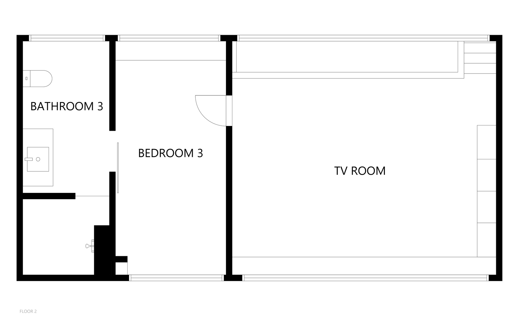 A layout showing a spacious entertainment room alongside a bedroom and private bath—perfect for relaxing or enjoying downtime during your stay.