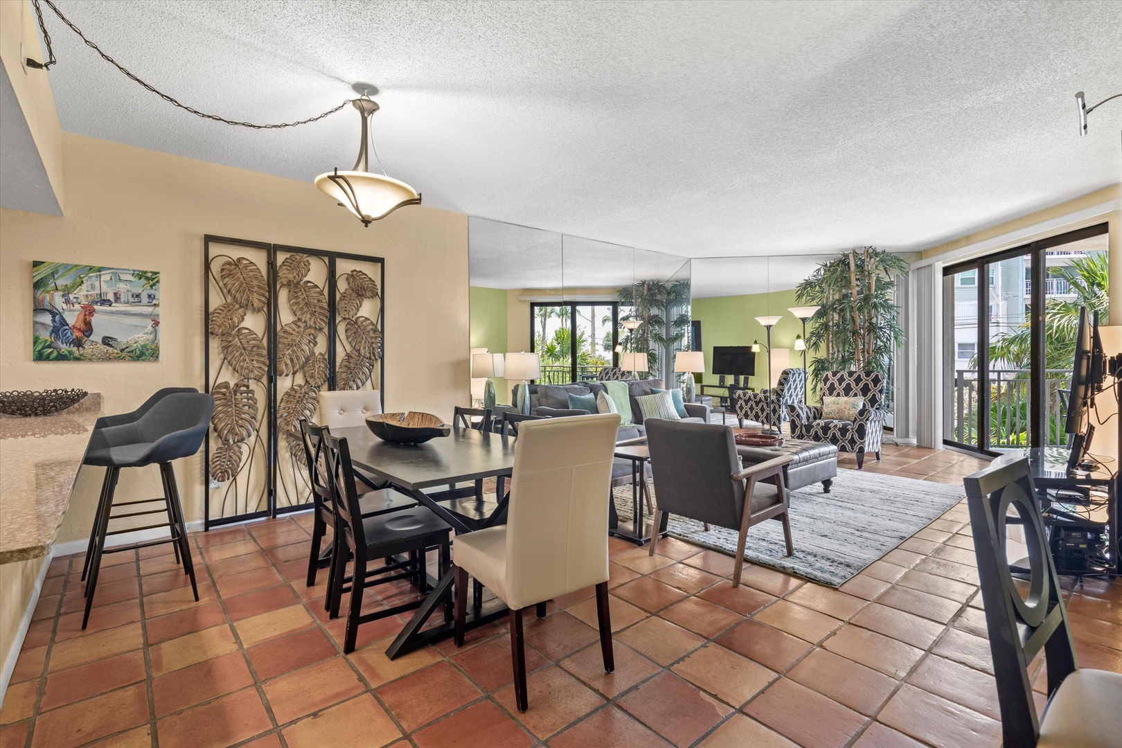 Full view dining area and living room