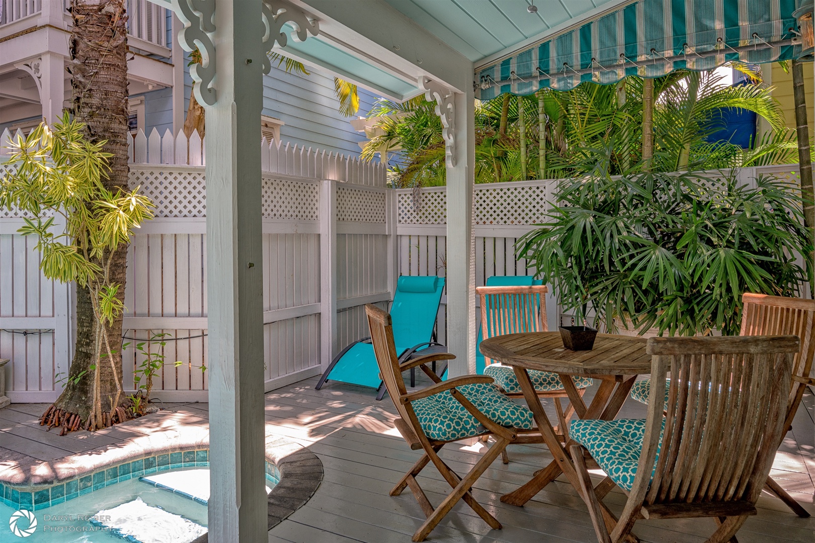 Covered private patio with seating
