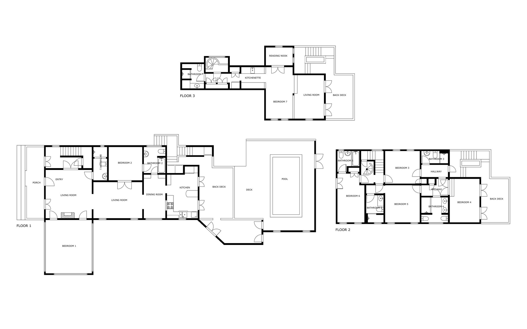Detailed floor plan showing three levels with multiple bedrooms, living areas, kitchen, deck, and pool—perfect for envisioning your stay.