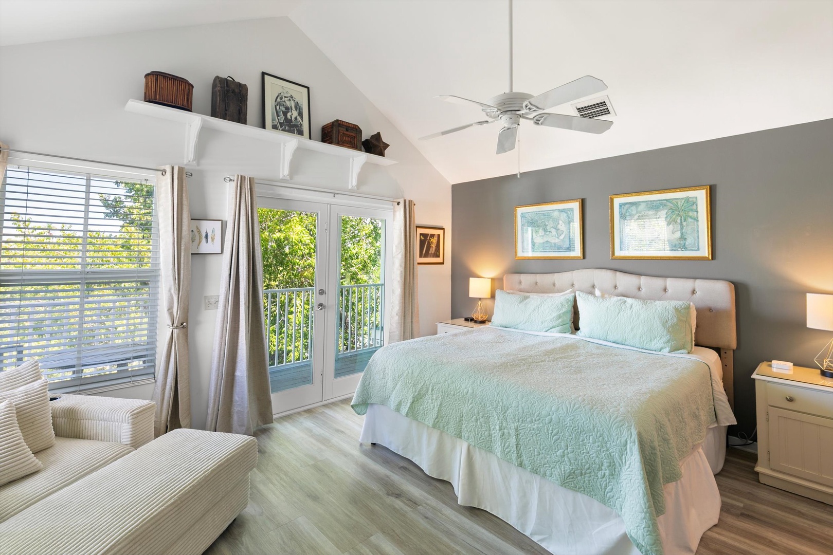 Wake up to soft light and breezy comfort in your serene bedroom retreat. Step through French doors onto your private balcony and let the day begin.