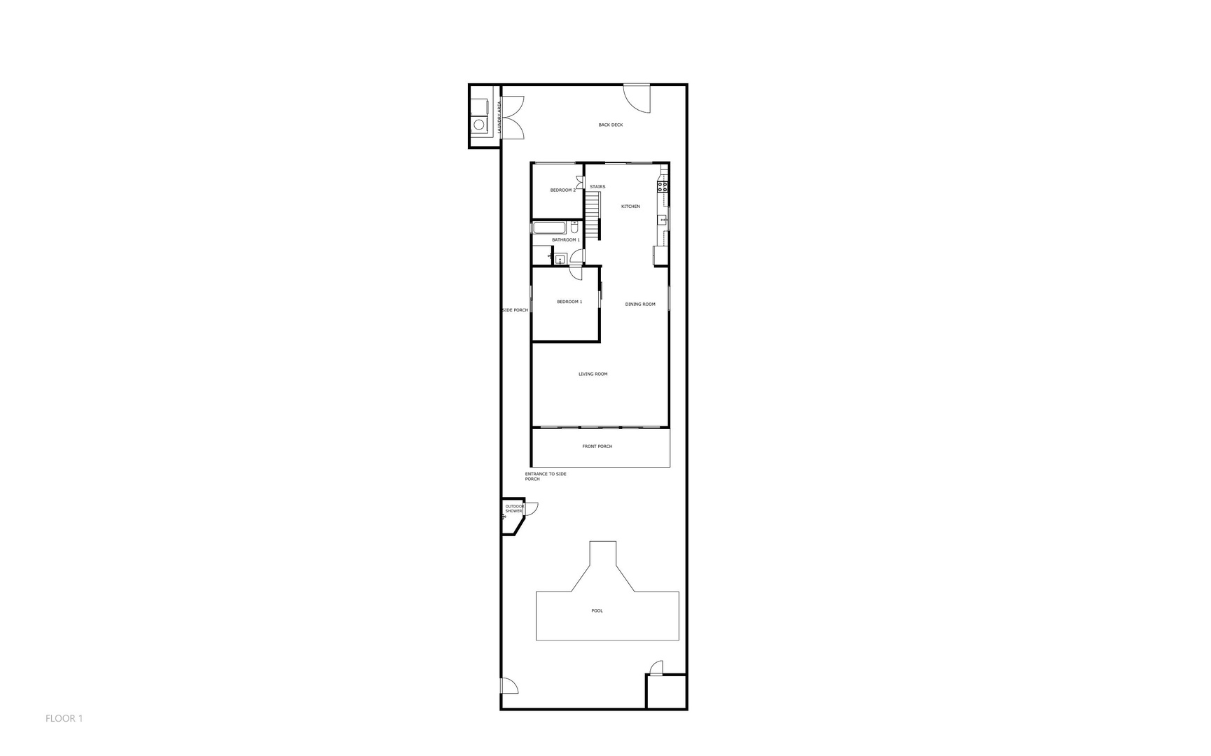 Floor plan showing your vacation rental's layout, with two bedrooms, kitchen, living space, outdoor deck, and private pool—giving you a clear sense of the home's flow.