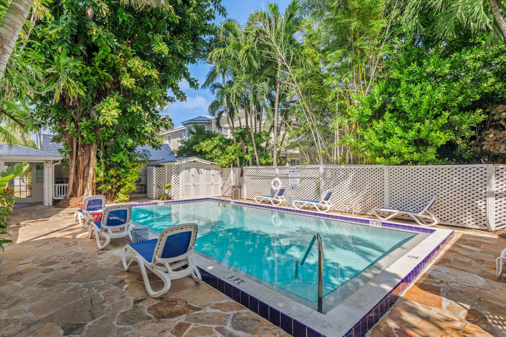 A sparkling private pool surrounded by tropical palms and lounge chairs creates your perfect outdoor retreat under the Florida sun.