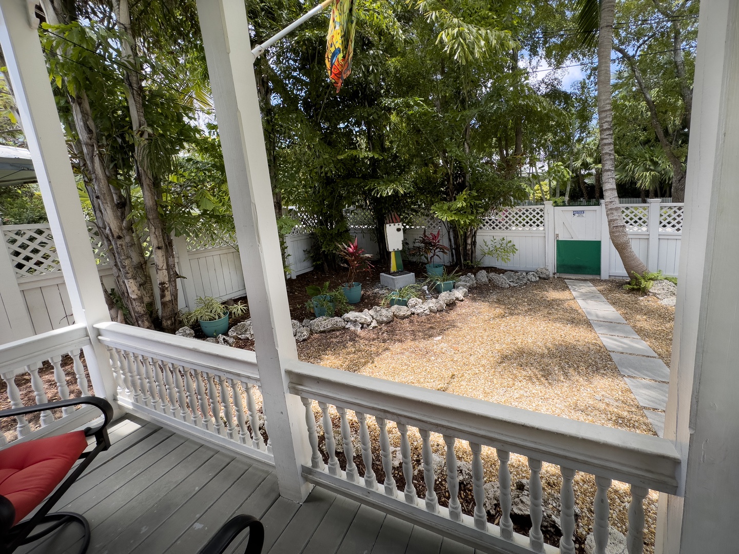 View from cover front porch with seating